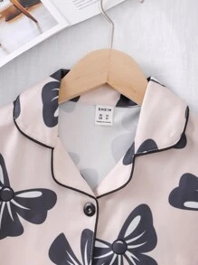 女孩蝴蝶圖案拼接滾邊睡衣套裝 - 卡其色 - 查看 3