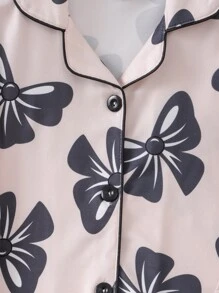 女孩蝴蝶圖案拼接滾邊睡衣套裝 - 卡其色 - 查看 6