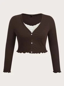 SHEIN MOD Áo thun Plus size Tương phản ren Nút phía trước Xù nhỏ màu trơn Giải trí - Cà phê nâu - Xem 1