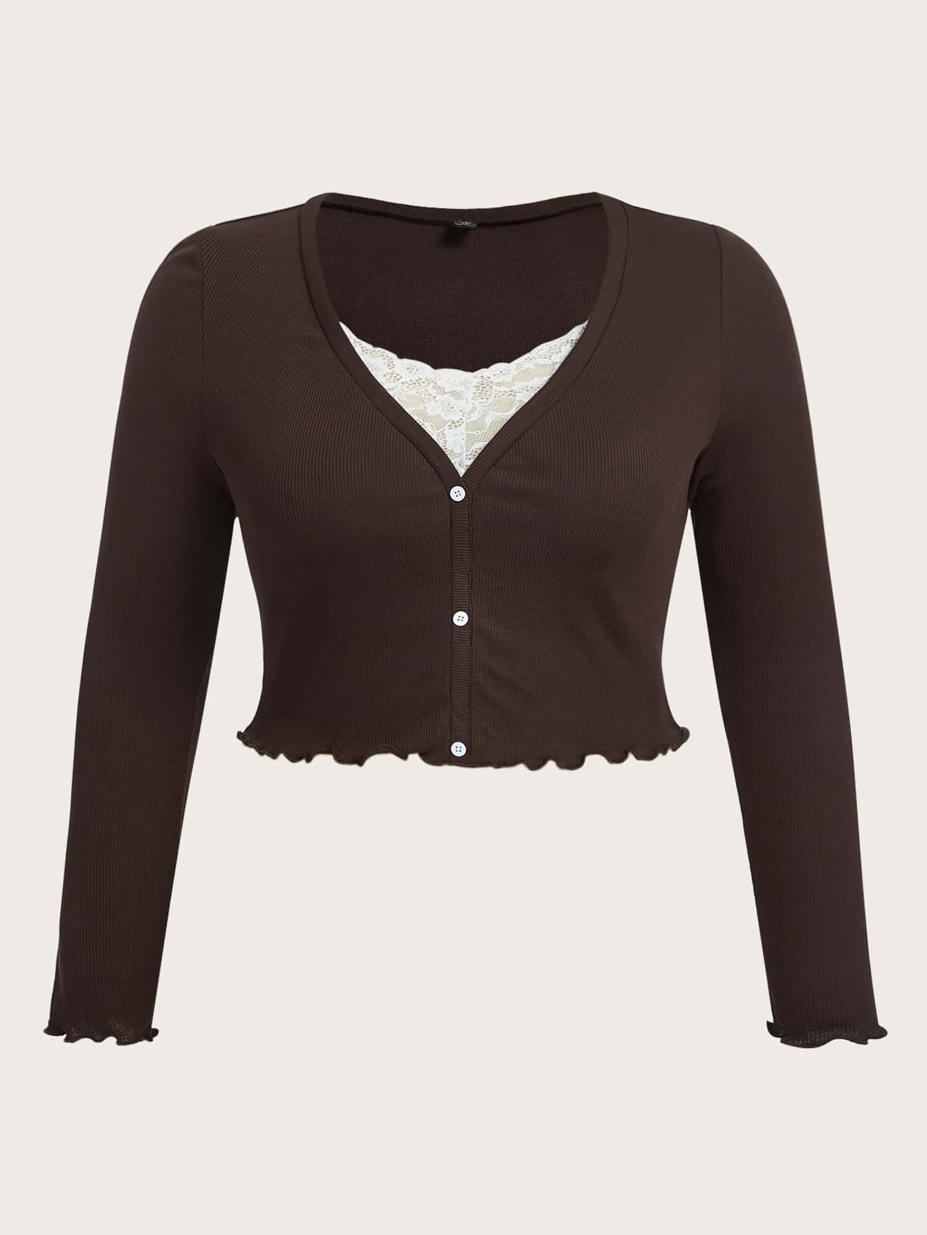 SHEIN MOD Áo thun Plus size Tương phản ren Nút phía trước Xù nhỏ màu trơn Giải trí - Cà phê nâu - Xem 1