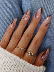 Instantly Upgrade Your Look with 24pcs Long Almond Brown Color Block Striped Fake Nail & 1sheet Tape & 1pc Nail File - Multicolor - View 1