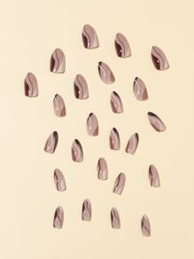 Instantly Upgrade Your Look with 24pcs Long Almond Brown Color Block Striped Fake Nail & 1sheet Tape & 1pc Nail File - Multicolor - View 3