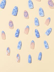 Get Glamorous With 24pcs Long Almond Blue Heart Star Floral Pattern French Fake Nail & 1sheet Tape & 1pc Nail File Press On Nails Nail Supplies - Multicolor - View 6