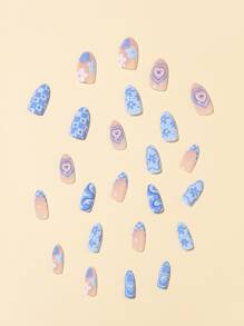 Get Glamorous With 24pcs Long Almond Blue Heart Star Floral Pattern French Fake Nail & 1sheet Tape & 1pc Nail File Press On Nails Nail Supplies - Multicolor - View 5