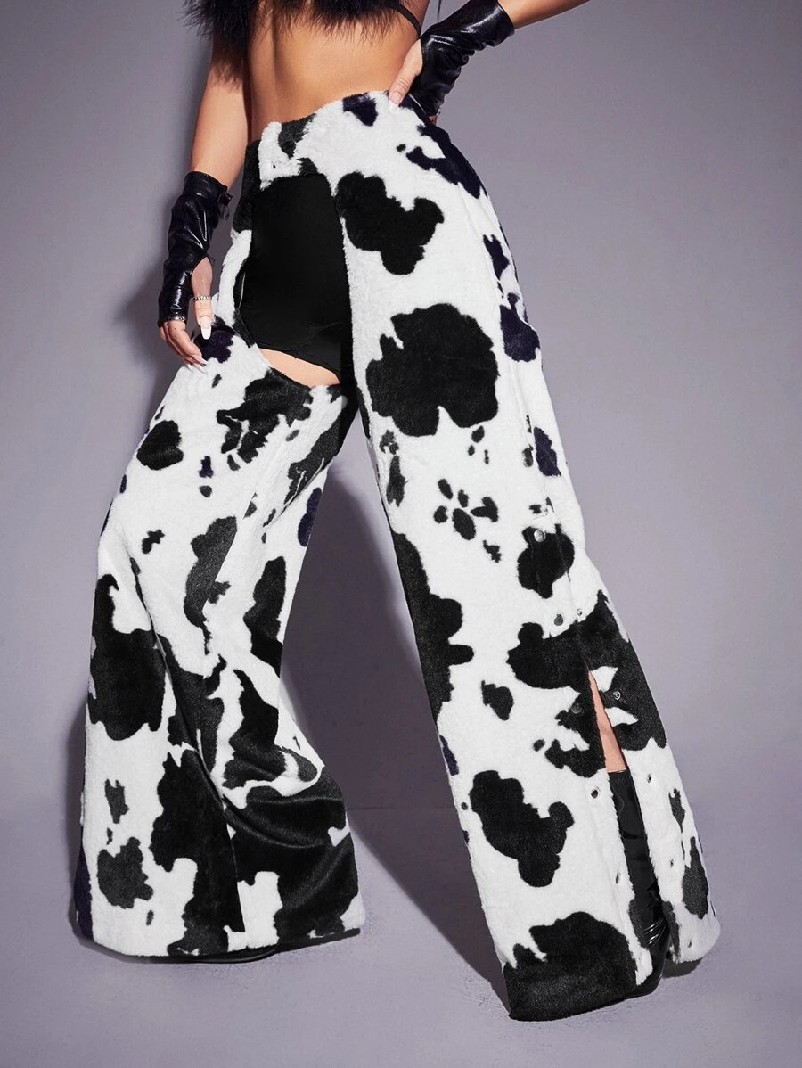 SHEIN ICON Cow Print Split Hem Chaps Pants - Black and White - View 1