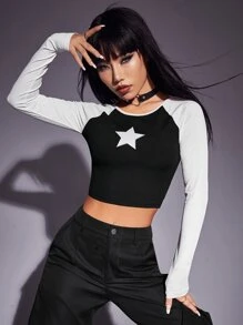 ROMWE PUNK 頹廢搖滾雙色星星印花短款T恤 - 黑與白 - 查看 1