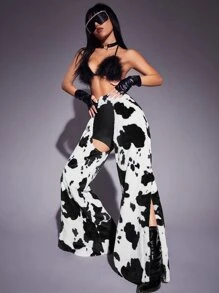 SHEIN ICON Cow Print Split Hem Chaps Pants - Black and White - View 4