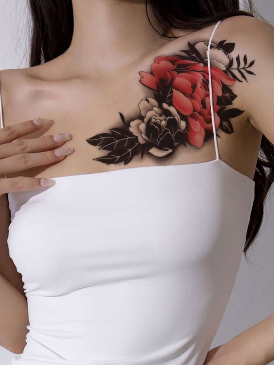 件大花臂身體臨時紋身貼紙帶葉子圖案 - 彩色 - 查看 1