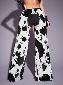 SHEIN ICON Cow Print Split Hem Chaps Pants - Black and White - View 6