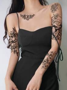 3pcs Floral & Butterfly Pattern Combination Temporary Tattoo Stickers For Arms & Body - Black - View 1