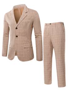 Manfinity Mode Men Grid Single Breasted Blazer & Suit Pants - Khaki - View 1