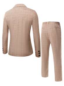 Manfinity Mode Men Grid Single Breasted Blazer & Suit Pants - Khaki - View 2