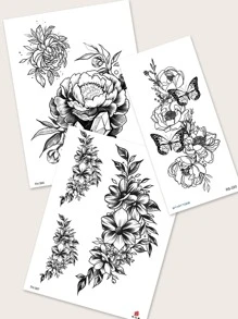 3pcs Floral & Butterfly Pattern Combination Temporary Tattoo Stickers For Arms & Body - Black - View 7