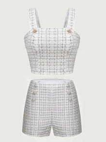 SHEIN Privé Plaid Tweed Button Detail Cami Top - White - View 3