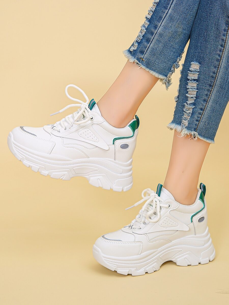 Contrast Panel Lace-up Front Wedge Sneakers - White - View 1