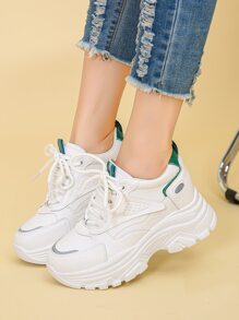Contrast Panel Lace-up Front Wedge Sneakers - White - View 2