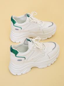 Contrast Panel Lace-up Front Wedge Sneakers - White - View 3