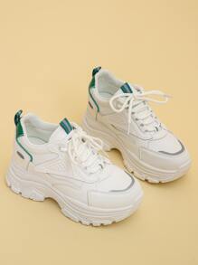 Contrast Panel Lace-up Front Wedge Sneakers - White - View 4