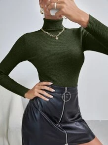 INAWLY Áo len dệt kim cổ cao, tay dài - màu xanh lá - Xem 3