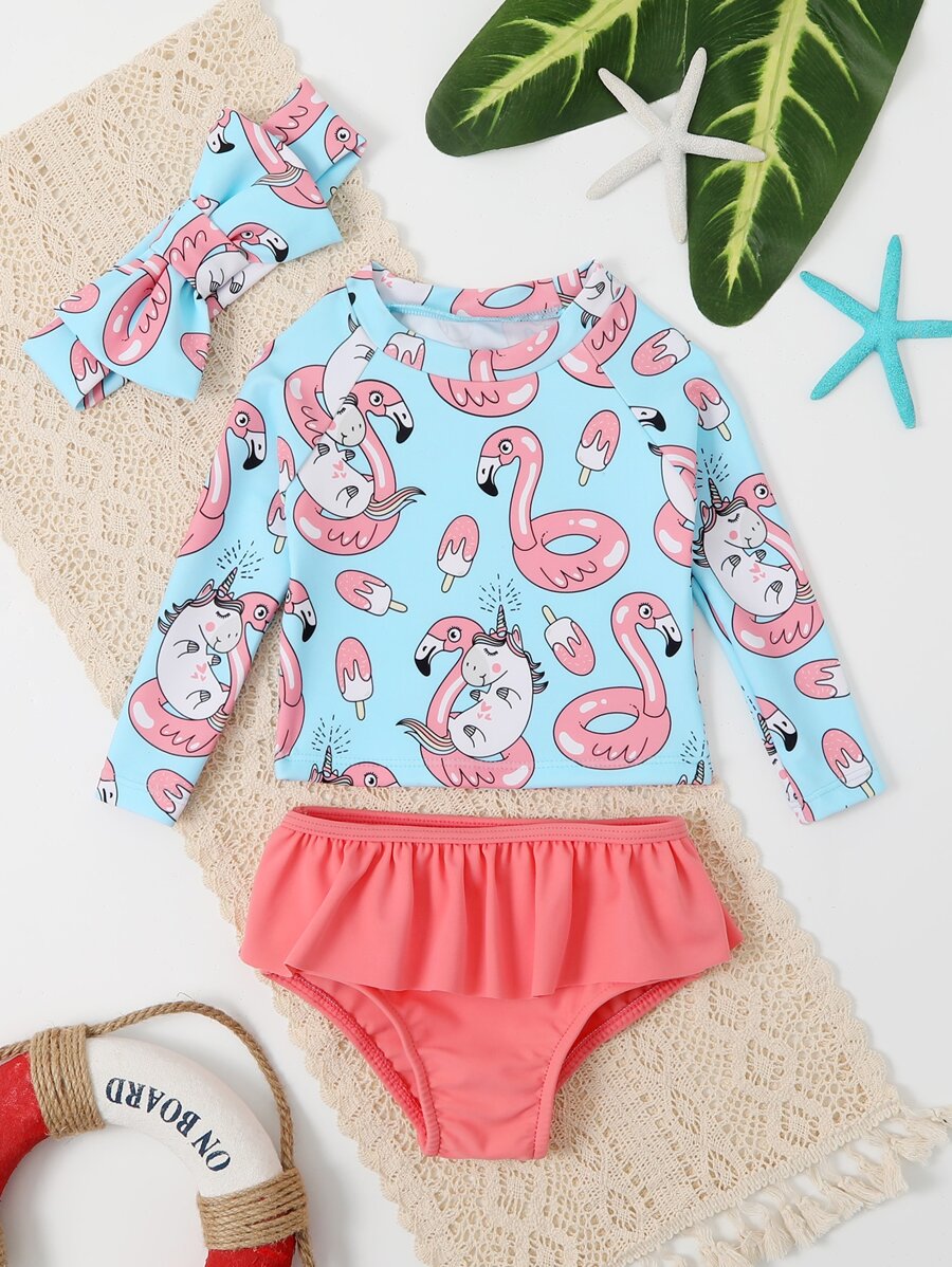 Baby Girl Cartoon Graphic Ruffle Hem Beachwear With Headband Summer Beach - Multicolor - View 1