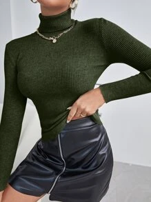 INAWLY Áo len dệt kim cổ cao, tay dài - màu xanh lá - Xem 5