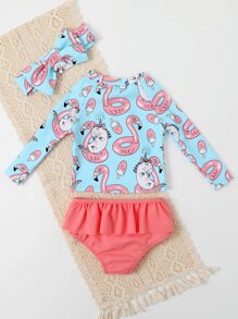 Baby Girl Cartoon Graphic Ruffle Hem Beachwear With Headband Summer Beach - Multicolor - View 2