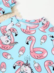 Baby Girl Cartoon Graphic Ruffle Hem Beachwear With Headband Summer Beach - Multicolor - View 3