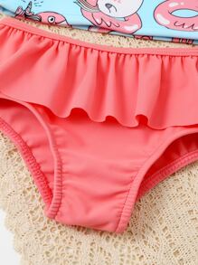Baby Girl Cartoon Graphic Ruffle Hem Beachwear With Headband Summer Beach - Multicolor - View 4