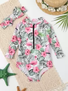 Baby Random Tropical Print Raglan Sleeve One Piece Swimsuit & Headband - Multicolor - View 1