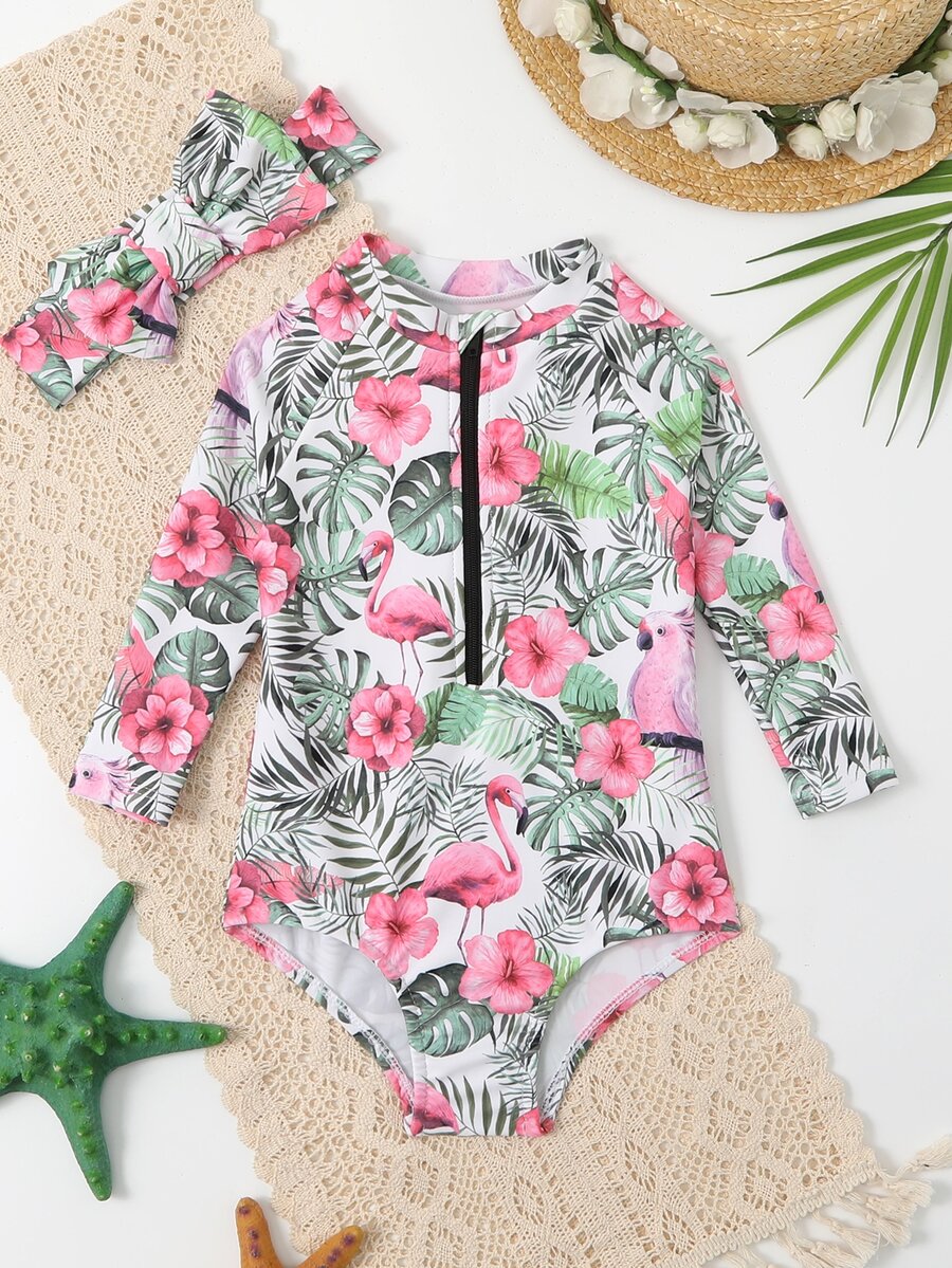 Baby Random Tropical Print Raglan Sleeve One Piece Swimsuit & Headband - Multicolor - View 1