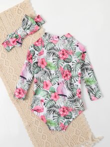 Baby Random Tropical Print Raglan Sleeve One Piece Swimsuit & Headband - Multicolor - View 2