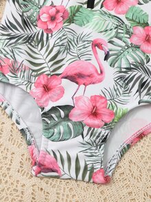 Baby Random Tropical Print Raglan Sleeve One Piece Swimsuit & Headband - Multicolor - View 3