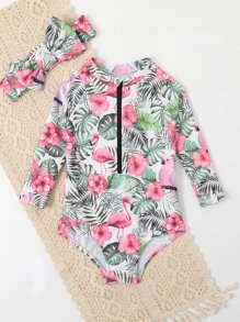 Baby Random Tropical Print Raglan Sleeve One Piece Swimsuit & Headband - Multicolor - View 5