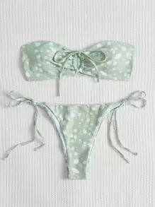 Ditsy Floral Drawstring Bandeau Tie Side Summer Beach Bikini Set - Mint Green - View 1