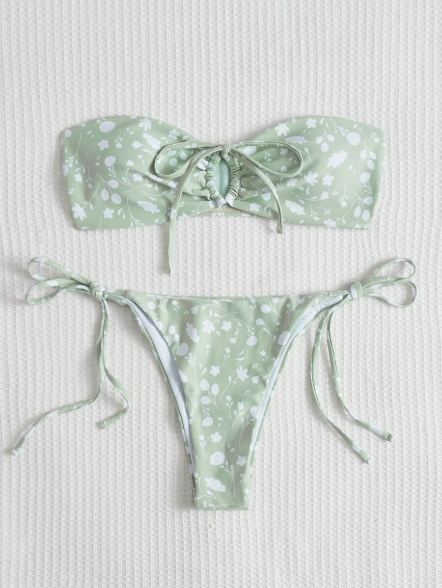 Ditsy Floral Drawstring Bandeau Tie Side Summer Beach Bikini Set - Mint Green - View 1