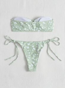 Ditsy Floral Drawstring Bandeau Tie Side Summer Beach Bikini Set - Mint Green - View 2