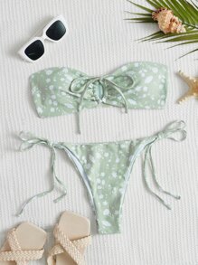 Ditsy Floral Drawstring Bandeau Tie Side Summer Beach Bikini Set - Mint Green - View 4