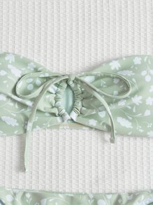 Ditsy Floral Drawstring Bandeau Tie Side Summer Beach Bikini Set - Mint Green - View 5