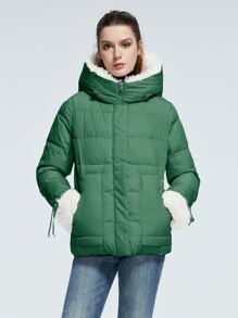 Zip Up Teddy Trim Hooded Padded Coat - Green - View 1