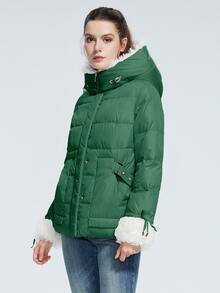 Zip Up Teddy Trim Hooded Padded Coat - Green - View 3
