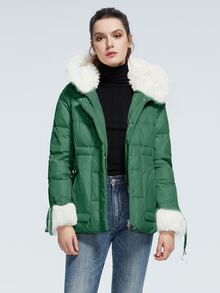 Zip Up Teddy Trim Hooded Padded Coat - Green - View 4