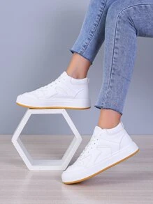High Top Lace-up Front Skate Shoes, High Top White Sporty Monochromatic Women's Casual Sneakers - White - View 5