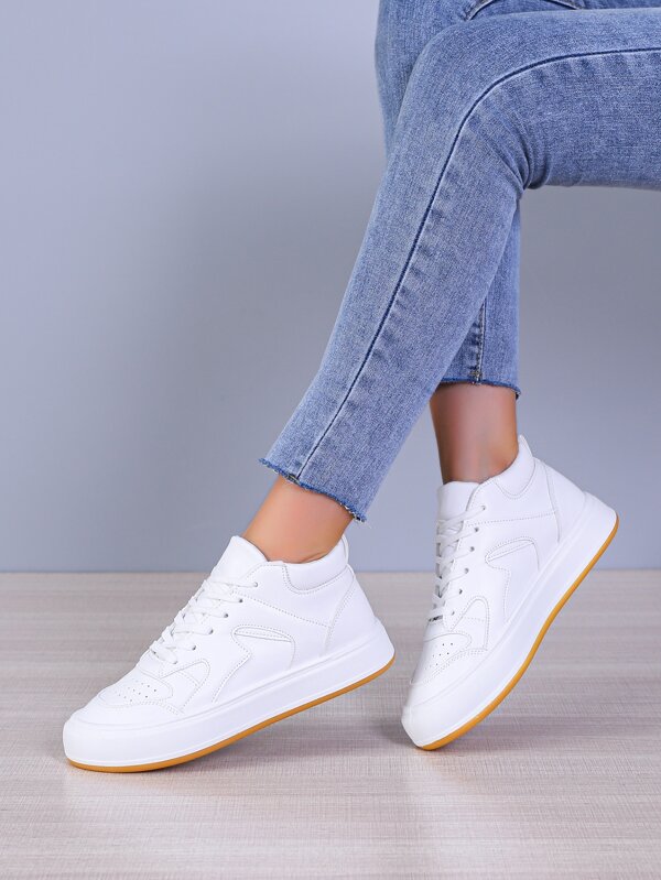 High Top Laceup Front Skate Shoes, High Top White Sporty Monochromatic