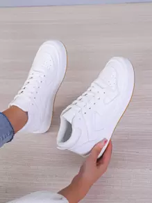 High Top Lace-up Front Skate Shoes, High Top White Sporty Monochromatic Women's Casual Sneakers - White - View 1
