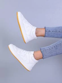High Top Lace-up Front Skate Shoes, High Top White Sporty Monochromatic Women's Casual Sneakers - White - View 3