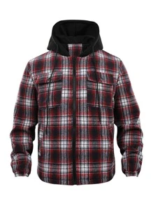 Men Plaid Flap Pocket Drawstring Hooded Coat - Multicolor - View 1