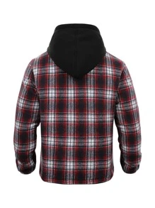 Men Plaid Flap Pocket Drawstring Hooded Coat - Multicolor - View 2