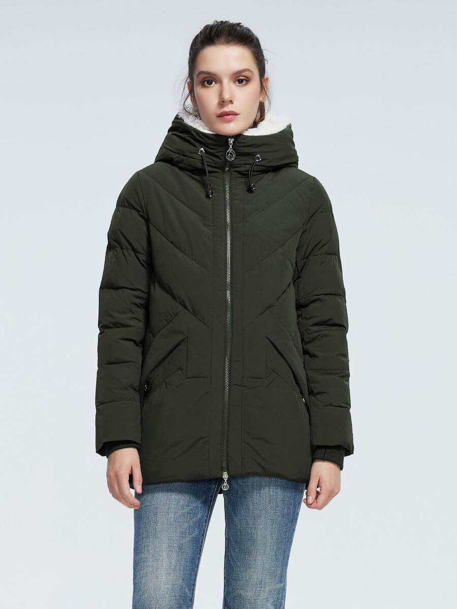 Zip Up Teddy Lined Drawstring Hooded Padded Coat - Army Green - View 1
