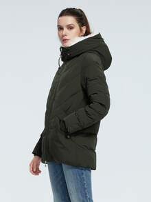 Zip Up Teddy Lined Drawstring Hooded Padded Coat - Army Green - View 3