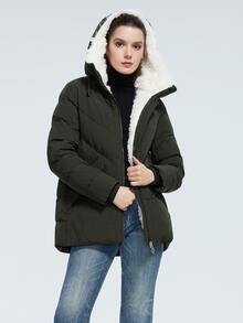 Zip Up Teddy Lined Drawstring Hooded Padded Coat - Army Green - View 4
